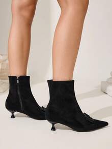CUCCOO CHICEST Women's Fashion Kitten Heel All-Match Style Versatile Striped Metal Decor Zipper Knee-High Boots - Black - View 6