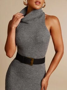 Silquee 女式休闲日常简约纯色高领无袖修身毛衣裙，不带腰带高领针织裙无袖高领裙灰色针织长裙高领长裙修身长裙秋冬 - 灰色 - 查看 5