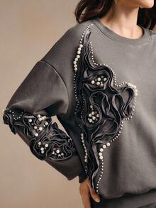 Anewsta Women's Autumn Chic 3D Flower Beaded Sweatshirt - Grey - View 8