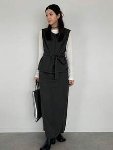 FRIFUL Damski szary top w jednolitym kolorze z paskiem w talii i długą spódnicą, elegancki dwuczęściowy garnitur, strój biznesowy na co dzień dla pań, jesień - Szary - Zobacz 2