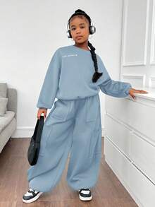 SHEIN Tween Girls Loose Casual Versatile Reflective Print Pullover Hoodie And Drawstring Hem Sweatpants Set Blue Two Piece Set Girl Co Ord Sets Casual Two Piece Set Fall Winter - Baby Blue - View 1