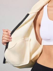 CourtClass Women's Autumn/Winter Thermal Lined Personalized Slogan Dropped Shoulder Drop Shoulder Loose Pocket Stand Collar Contrast Zipper Sports Casual Tennis Jacket - Apricot - View 7