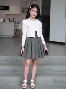 SHEIN Tween Girl 甜美泡泡袖纹理针织夹克，肩部有 3D 珍珠装饰，优雅短款开衫 - 白色 - 查看 4