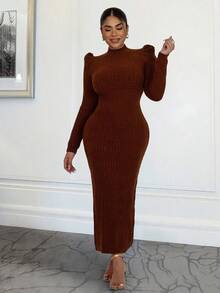 Xyvia Women's Autumn/Winter Long Textured Elegant Bodycon Dress With Puff Sleeves - Mocha Brown - View 3