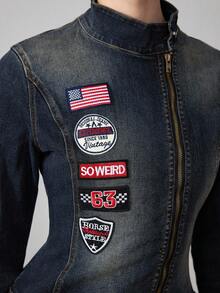 ROMWE Avant Vintage Distressed Retro Logo Denim Jacket And Coat For Women