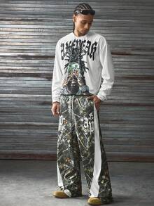 AXEPEAK Ensemble t-shirt à imprimé chiffre et lettre et pantalon camouflage pour hommes, vêtements d'automne