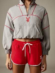 Missguided x Playboy 带有四分之一拉链和兔子标志细节的短款风衣夹克 - 灰色 - 查看 5