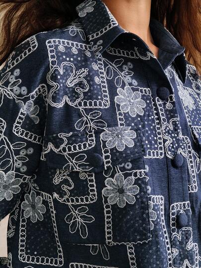 Anewsta Áo khoác nữ cổ điển thanh lịch, lãng mạn, hiện đại, giản dị, họa tiết hoa hai tông màu, dây 3D, đính hạt, ve áo trước, vai trễ, tay dài, khóa kéo toàn bộ, màu xanh lam, áo khoác thường, thích hợp cho năm mới, mùa thu, mùa đông, đi chơi, thanh lịch, trang trọng, tiệc tùng, sang trọng