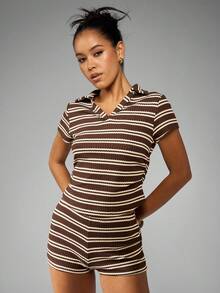 MISSGUIDED 复古风格罗纹两件套 Polo 领套装短袖夏季沙滩装度假装休闲春季假日家居服度假装 - 棕色 - 查看 6