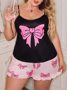 SweetSlumber طقم كامسول مزين بفيونكة وبيجامة مافية، ملابس نوم حلوة للمقاسات الكبيرة