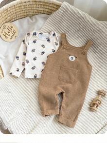 Newborn Baby Boy Cute Casual Versatile Cartoon Pattern Long Sleeve Jumpsuit Set Fall Winter - Apricot - View 7