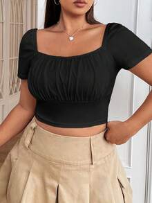 CovetEZ Plus Ruched Bust Square Neck Crop Tee - Black - View 8