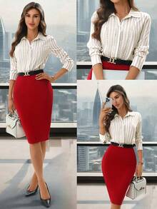 SHEIN Clasi Body de manga larga con cuello de encaje a contraste y rayas elegante para mujer, adecuado para el uso diario y múltiples ocasiones - Multicolor - Ver 3