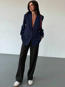 Aloruh Minimalist Commuting Gray Textured Oversized Long Sleeve Loose Blazer For Young Women In Fall/Winter - Navy Blue - View 4