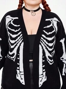 ROMWE Cardigan ample femme grande taille à imprimé squelette gothique, avec épaules tombantes, tricoté pour l'automne/hiver - Noir et Blanc - Voir 4