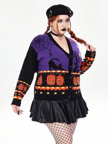 ROMWE Goth 大码女式哥特式南瓜、猫、蜘蛛网、幽灵图案提花针织开衫，秋冬款 - 彩色 - 查看 7