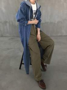 FRIFUL 女式秋季落肩长袖单排扣抽绳连帽长款牛仔夹克