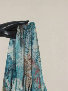 SHEIN ICON 秋季女式西部波西米亚风蓝绿色全身印花V领褶饰优雅长袖衬衫 - 彩色 - 查看 9