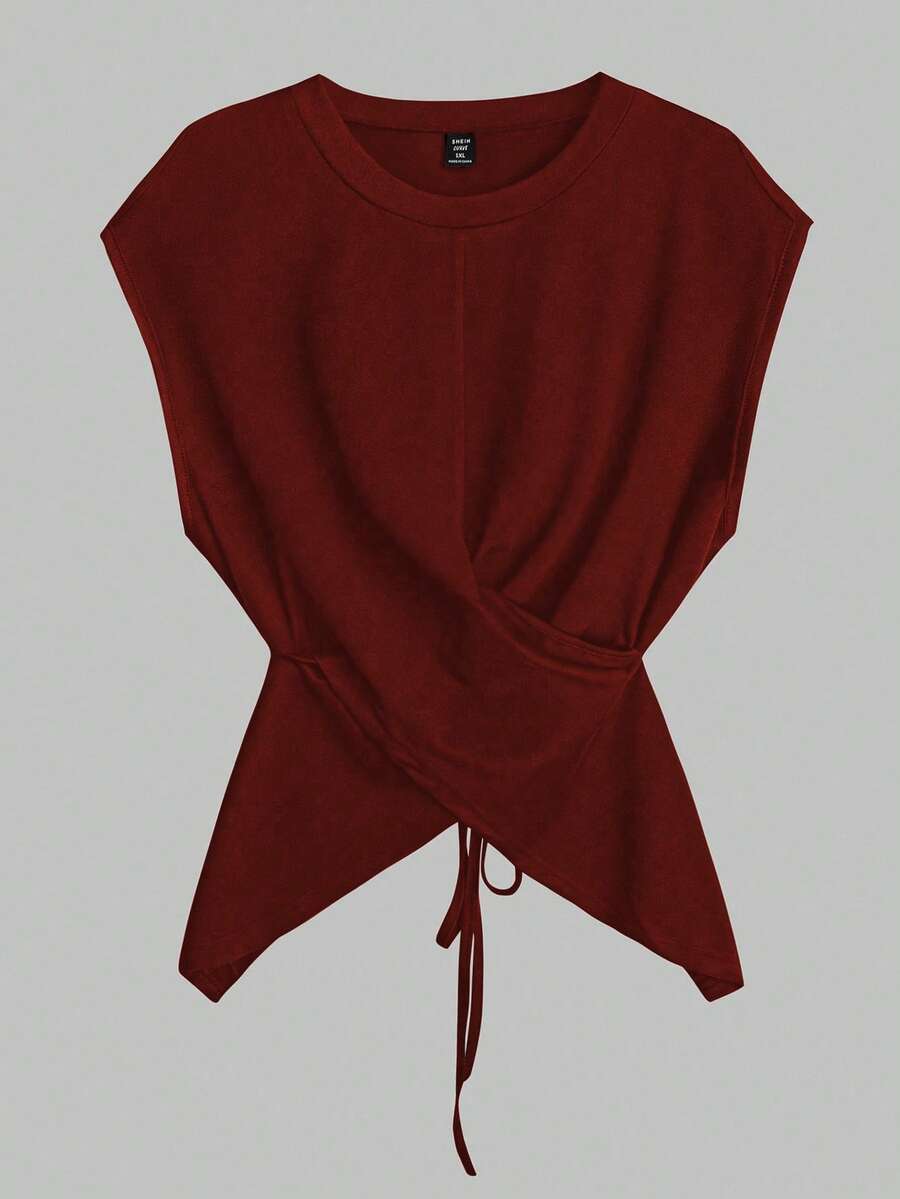 SHEIN Clasi Áo crop top không tay dệt trơn màu buộc eo cho nữ, áo hai dây thanh lịch mùa hè - Màu Đỏ Sâu - Xem 1