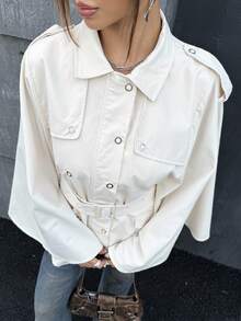 SHEIN ICON Women's Hooded Cape, Cute & Versatile Long Sleeve Windbreaker In Fall/Winter - Khaki - View 3