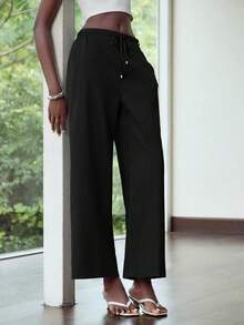 Lumivelle 女士简约通勤直筒宽松松紧腰裤 - 黑色 - 查看 3