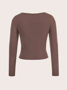 SHEIN EZwear Camiseta de manga larga de base de ajuste ceñido con cuello alto y mangas raglán en color marrón, estilo minimalista casual, adecuada para otoño/invierno - Marrón - Ver 3