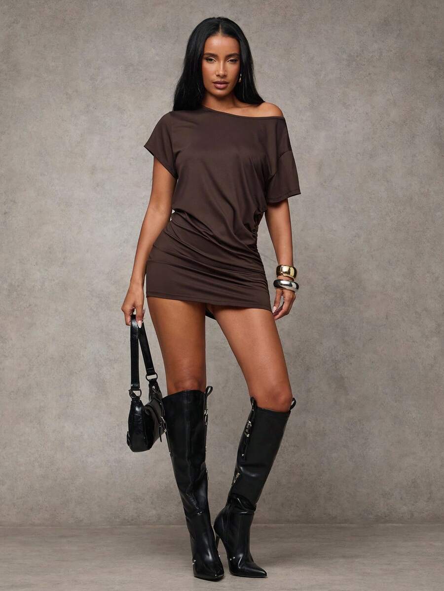 SHEIN BAE 夏季不对称领口连衣裙/棕色迷你裙适合派对/海滩度假连衣裙/夏季旅行/海岛度假连衣裙/女士生日连衣裙 - 鏽棕色 - 查看 1