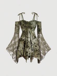 SHEIN MOD 女式花卉印花撞色蕾丝露肩喇叭袖时尚迷你连衣裙 - 軍綠色 - 查看 1