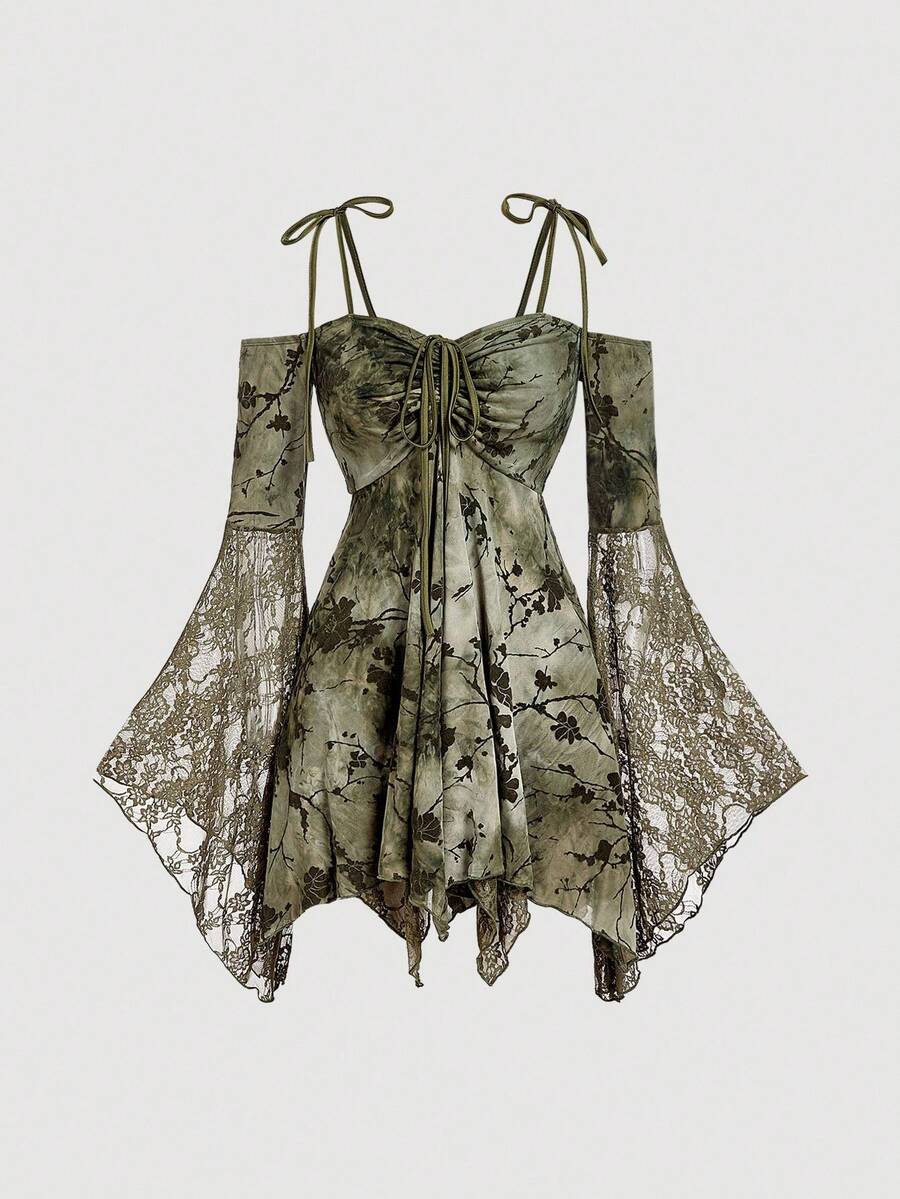 SHEIN MOD 女式花卉印花撞色蕾丝露肩喇叭袖时尚迷你连衣裙 - 軍綠色 - 查看 1