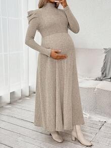 SHEIN Elegant Autumn Maternity Photoshoot Dress, Pregnant Women Stand Collar Ribbed Dress,Long Sleeve Solid Bump Friendly Fall Casual Dress - Apricot - View 7