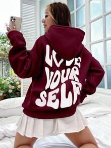 SHEIN Unity Love Yourself Distorted English Graphic Oversized Drop Shoulder Long Hoodie Sweatshirt - Burgundy - View 3