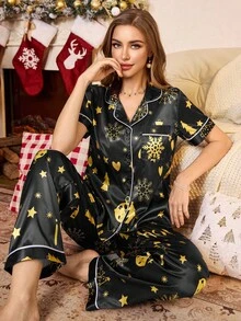 SHEIN 仿丝全印花圣诞主题纽扣前开睡衣套装 - 黑色 - 查看 6