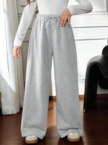 SHEIN Tween Girl 休闲灰色抽绳腰阔腿褶皱宽松厚羊毛运动裤