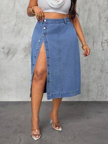 Slaydiva Falda vaquera azul con abertura alta y sexy para mujer de talla grande, primavera - Azul lavado medio - Ver 6