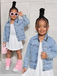 SHEIN Young Girl' Y2K Blue Denim Lapel Long Sleeve Jacket,Fall Kid's  Casual And Comfortable  Wear,Winter Clothes  ,Casual And Fashionable Vacation Outfits - Light Wash - View 1