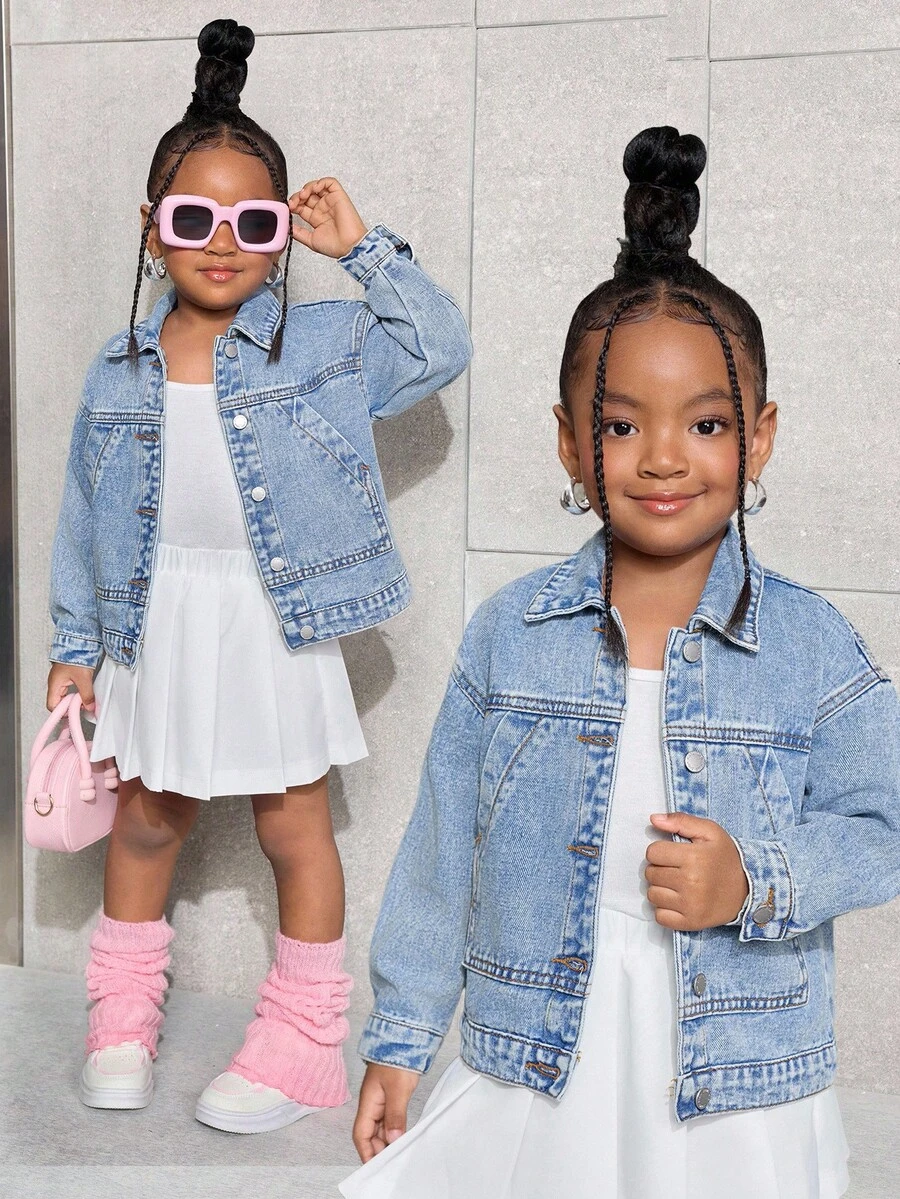 SHEIN Young Girl' Y2K Blue Denim Lapel Long Sleeve Jacket,Fall Kid's  Casual And Comfortable  Wear,Winter Clothes  ,Casual And Fashionable Vacation Outfits - Light Wash - View 1