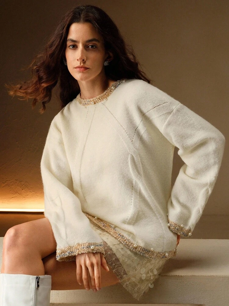 Round Neck Colorblock Floral Mesh Beaded Design Soft Elegant Loose Fit Women Sweater, Suitable For Fall, Winter, New Year, Elegant, Chic, Stylish, Christmas, Going Out, Cozy