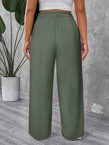 SHEIN PETITE CURVE Quần xếp ly màu trơn cỡ lớn dành cho nữ Petite - Màu xanh Ô liu - Xem 2