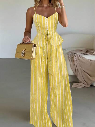 INAWLY 2pcs Women's Elegant Vacation Tie Bow Button Waist Camisole & Wide Leg Striped Pants Set