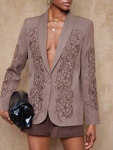 SHEIN Privé VITNOS Women's Luxury Elegant Brown Floral Blazer,Embroidered Fabric Shawl Collar Long Sleeve Coat For Summer Tea Party,Wedding,Business Casual,Dates - Brown - View 5