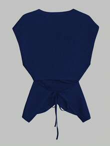 SHEIN Clasi Áo crop top không tay dệt trơn màu buộc eo cho nữ, áo hai dây thanh lịch mùa hè - Màu xanh hải quân - Xem 2