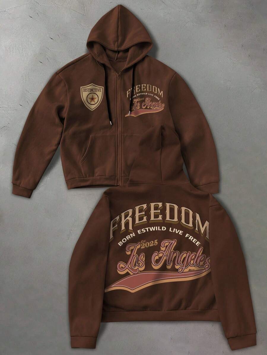 PAVTROS Manfinity Streetrush Men's Casual Retro Coffee Color Zip-Up Hoodie, Fall