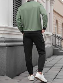 Manfinity Homme Conjunto de sudadera y pantalón de chándal con parches de color contrastante para hombre, ropa de otoño - Multicolor - Ver 2