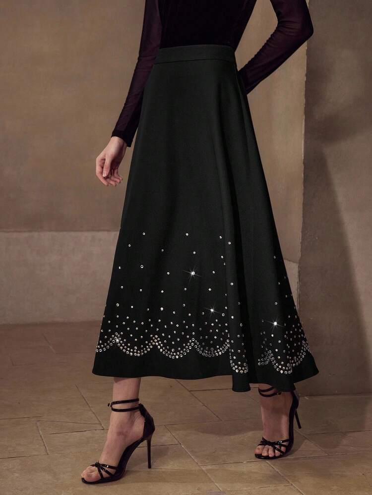 ELEGANT BLACK RHINESTONE EMBELLISHED FLARED SKIRT