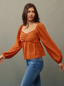 WESTFADE 甜心领长款泡泡袖荷叶边纹理编织娃娃装上衣，可爱秋季女士 - 紅色 - 查看 4