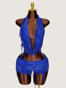 Amplova 2 Pieces Set Deep Draped Neck Sleeveless Top And Distressed Low Waist Mini Shorts, Special Fabric Blue - Blue - View 4