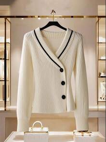 EMERY ROSE Cárdigan de mujer casual y versátil de color blanco con contraste, cárdigan de cuello en V, cárdigan acanalado, cárdigan casual de negocios para otoño, invierno y otoño con abotonadura - Blanco - Ver 4