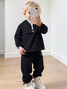 SHEIN Young Boy 2pcs Spring/Summer Lightweight Suit, Minimalist Hooded Long Sleeve Top With Drawstring Ankle Sports Pants, Fashionable Casual Two Pieces Set Fall Winter