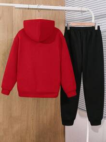 SHEIN Tween Boy Fluorescent Green Hoodie Sweatshirt And Black Loose Fit Letter Graphic Pants 2 Pieces Casual Sportswear Set, Suitable For Outdoor, School Fall Winter