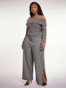 SHEIN SXY Plus Size Women's Elegant Sexy Plaid High-Waisted Side Slit Suit Pants, Suitable For Office Commute, Business, Party, Minimalist, Birthday, Formal Events, Autumn/Winter